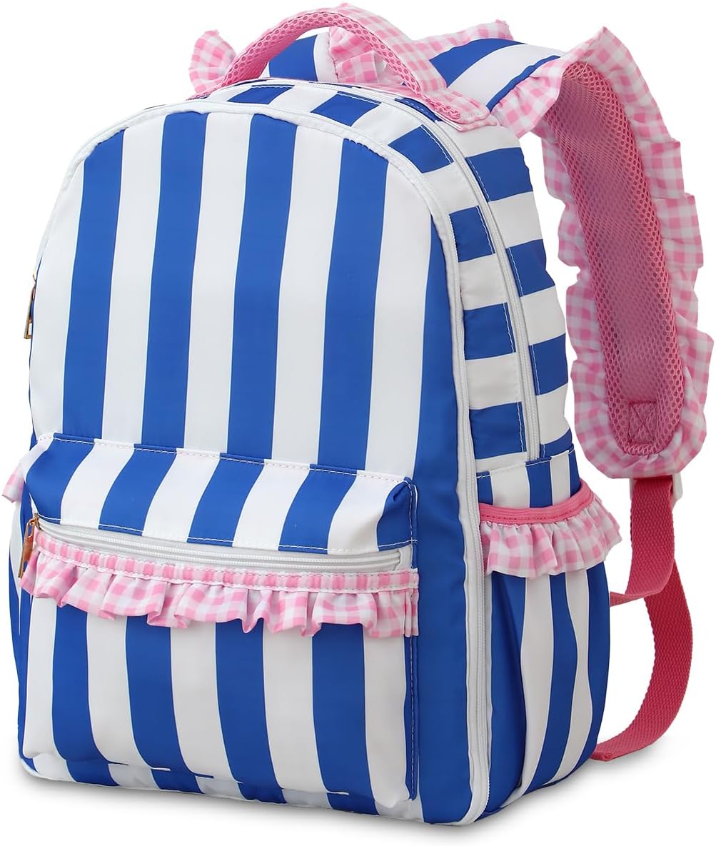 DYSHAYEN Kids Backpack for Girls, 15" Ruffled Backpack for School Kindergarten Bookbag 5-8, Fully Opened Compartment (Blue Stripe)