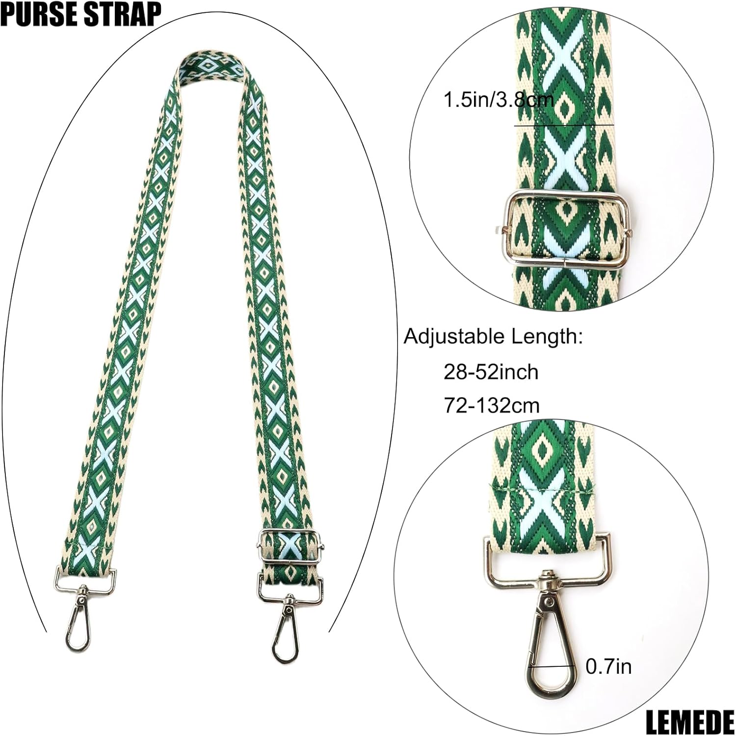 Adjustable Green Purse Strap - 1.5" Wide Handbags, Camera, Guitar, Phone & Crossbody Bag
