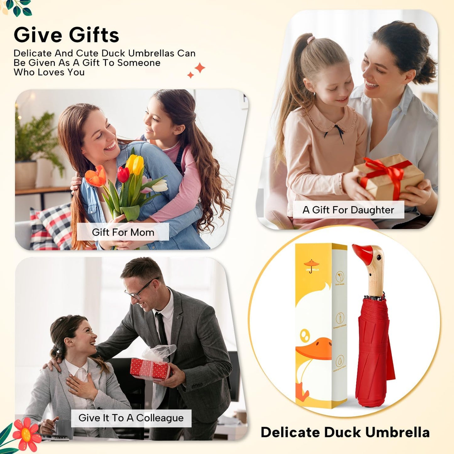 LEAGERA Compact Small Umbrellas for Rain&Sun, Cute Design Duck Head Umbrella for Girls Gifts, 8 Ribs Folding Umbrella with Wooden Handle