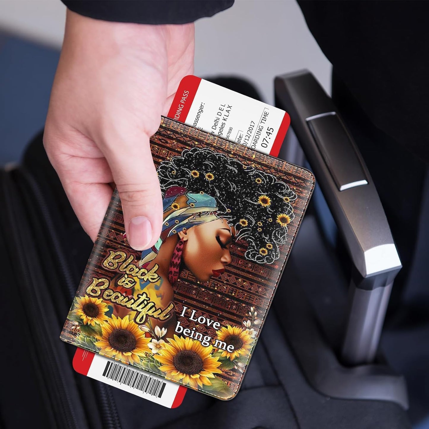 Passport Holder Women Wallet with Luggage Tag, Leather Passport Cover with RFID Blocking, Travel Accessories Multi Card Slot Passport Case for Men，African American Girl Sunflower