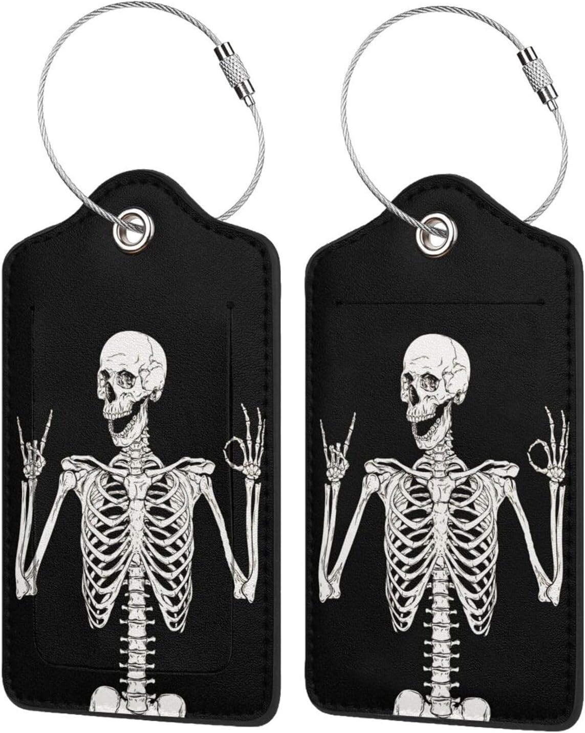 Skull Rock Roll 2 Pack Luggage Tag for suitcases Skeleton Travel PU Cute Leather Luggage Tag Name ID Labels with Privacy Cover Suitcases Women Men Girls Boys Fun Laggage Tags (Skeleton)