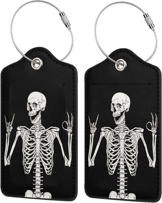 Skull Rock Roll 2 Pack Luggage Tag for suitcases Skeleton Travel PU Cute Leather Luggage Tag Name ID Labels with Privacy Cover Suitcases Women Men Girls Boys Fun Laggage Tags (Skeleton)