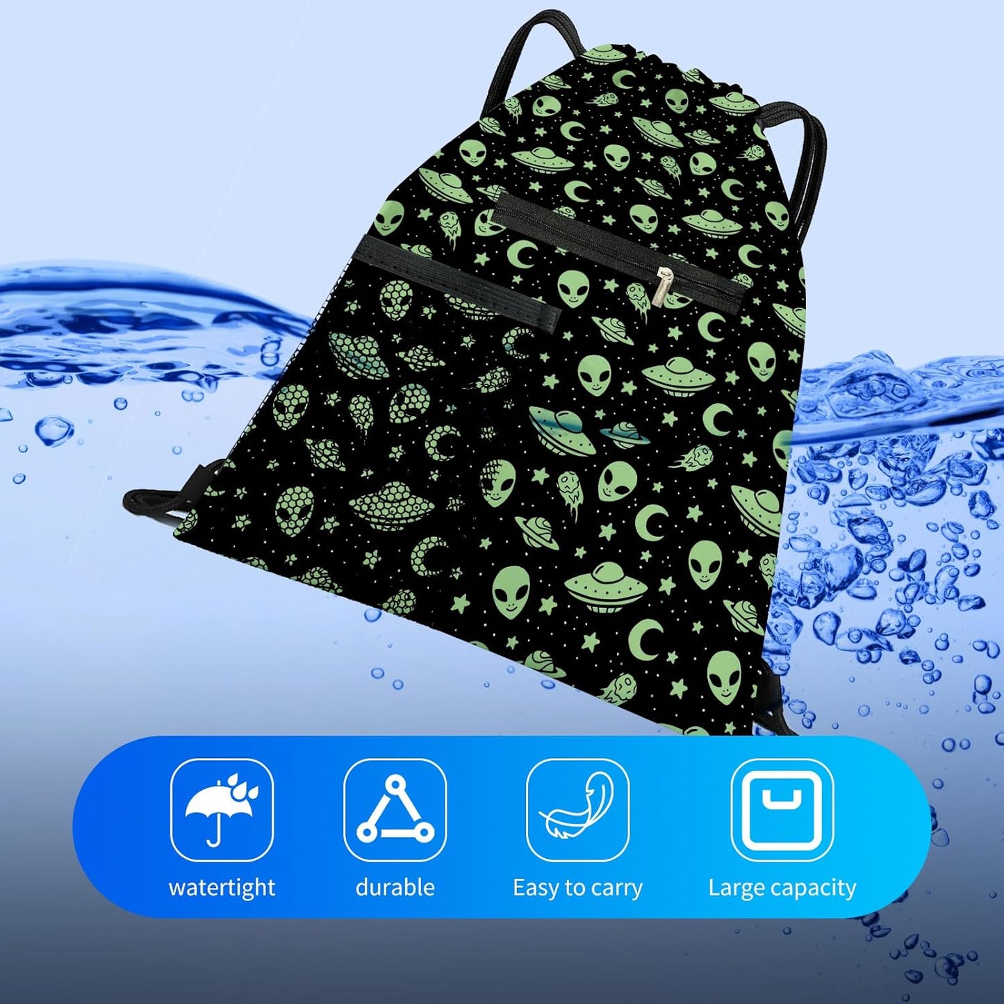 Drawstring Backpack Sports Gym Bag, Large String Swim Bag for Beach With Water Bottle Mesh Pocket, Cute Gym Sack with Zipper Pocket for Men Women Cute Green Alien