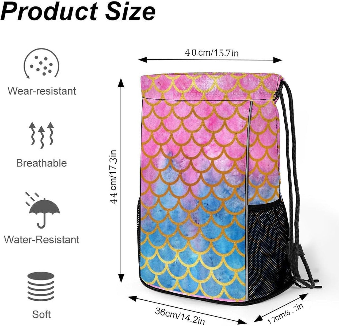 Mermaid Drawstring Backpack Gym Bag With Shoe Compartment String Bag Sport Beach Swimming Sackpack For Women Men
