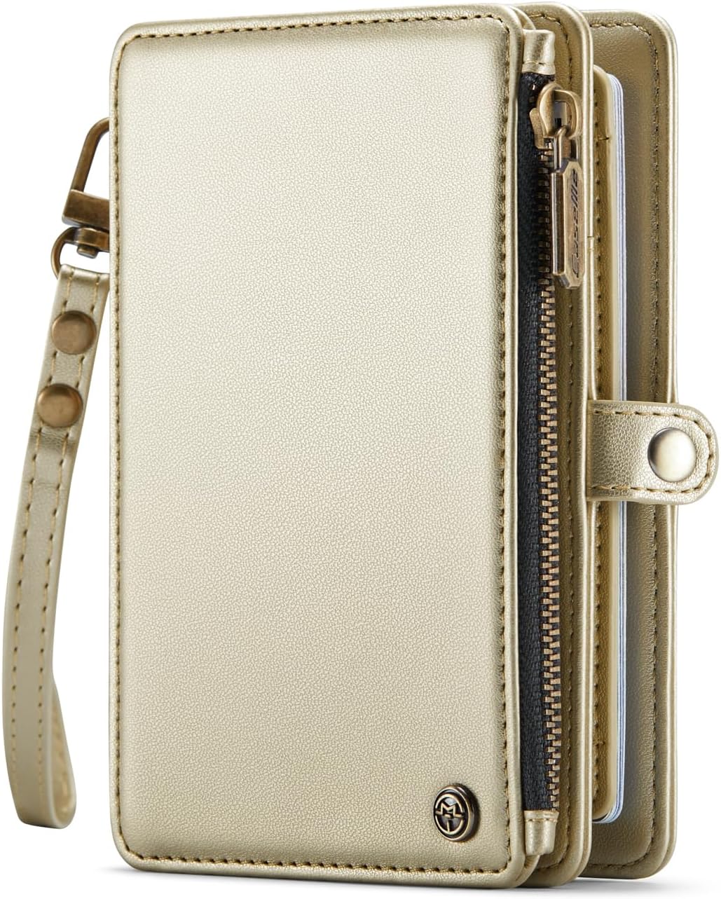 Passport Holder Wallet, 12 Card Slots RFID Blocking Travel Organizer, Zippered Coin Pocket & Detachable Wrist Strap Secure AMagnetic Closure Passport Case for Men & Women (Gold)
