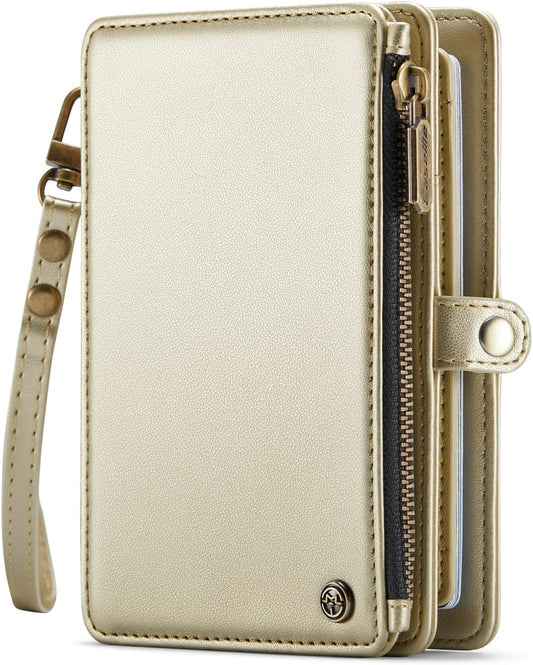 Passport Holder Wallet, 12 Card Slots RFID Blocking Travel Organizer, Zippered Coin Pocket & Detachable Wrist Strap Secure AMagnetic Closure Passport Case for Men & Women (Gold)