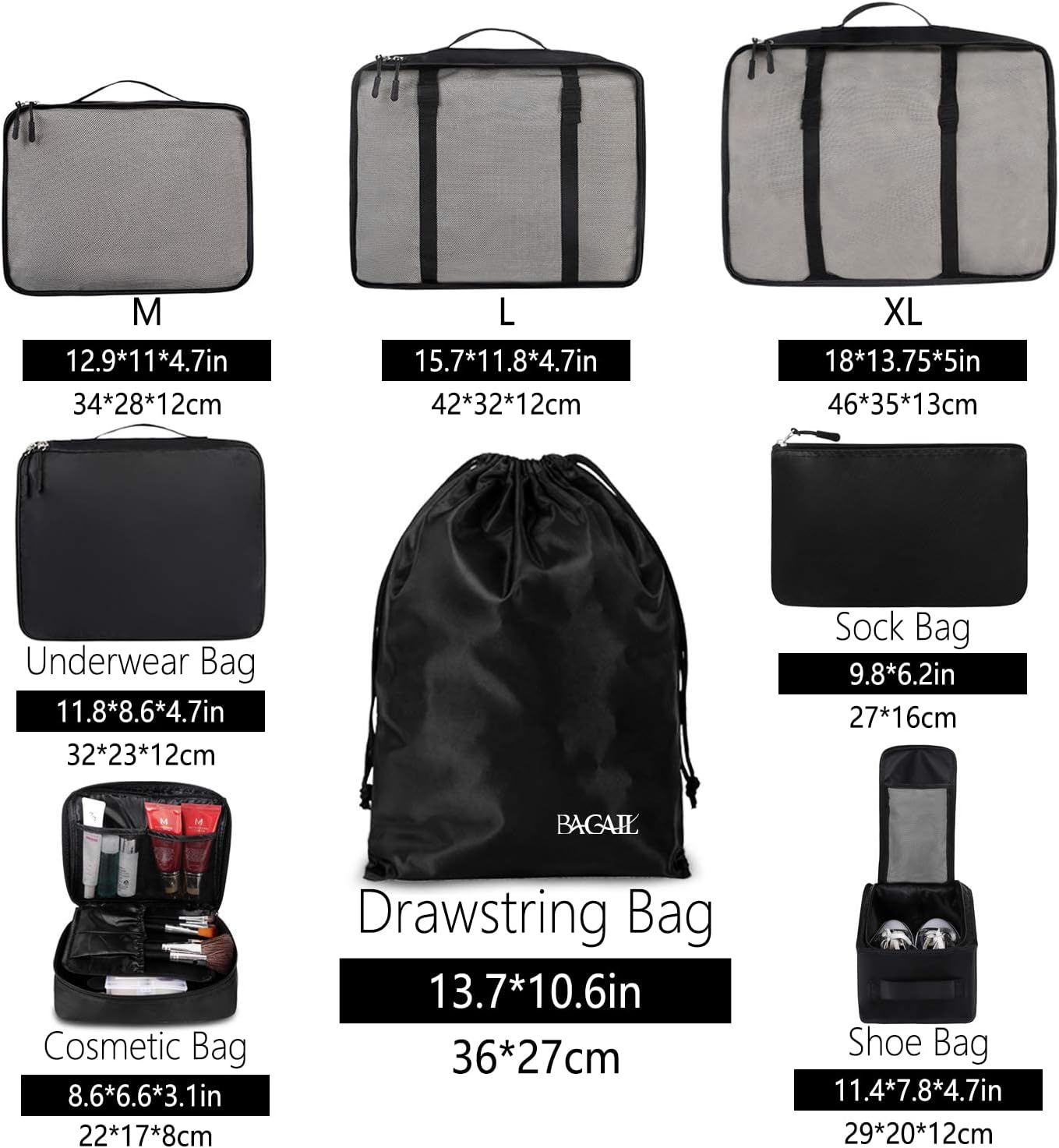 BAGAIL 8 Set Packing Cubes Luggage Packing Organizers for Travel Accessories-Jet Black