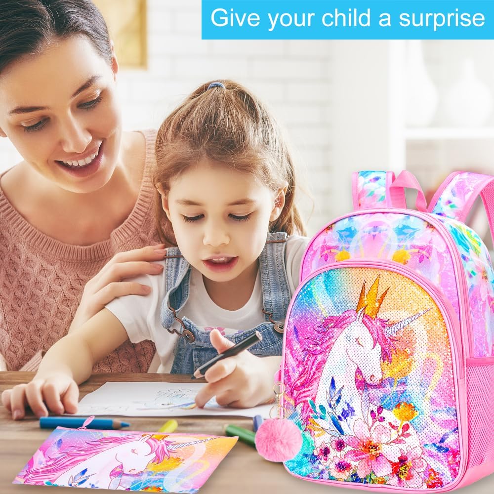 CCJPX 3PCS Unicorn Backpack for Girls, 16”Kids Preschool Sequin Bookbag and Lunch Box for