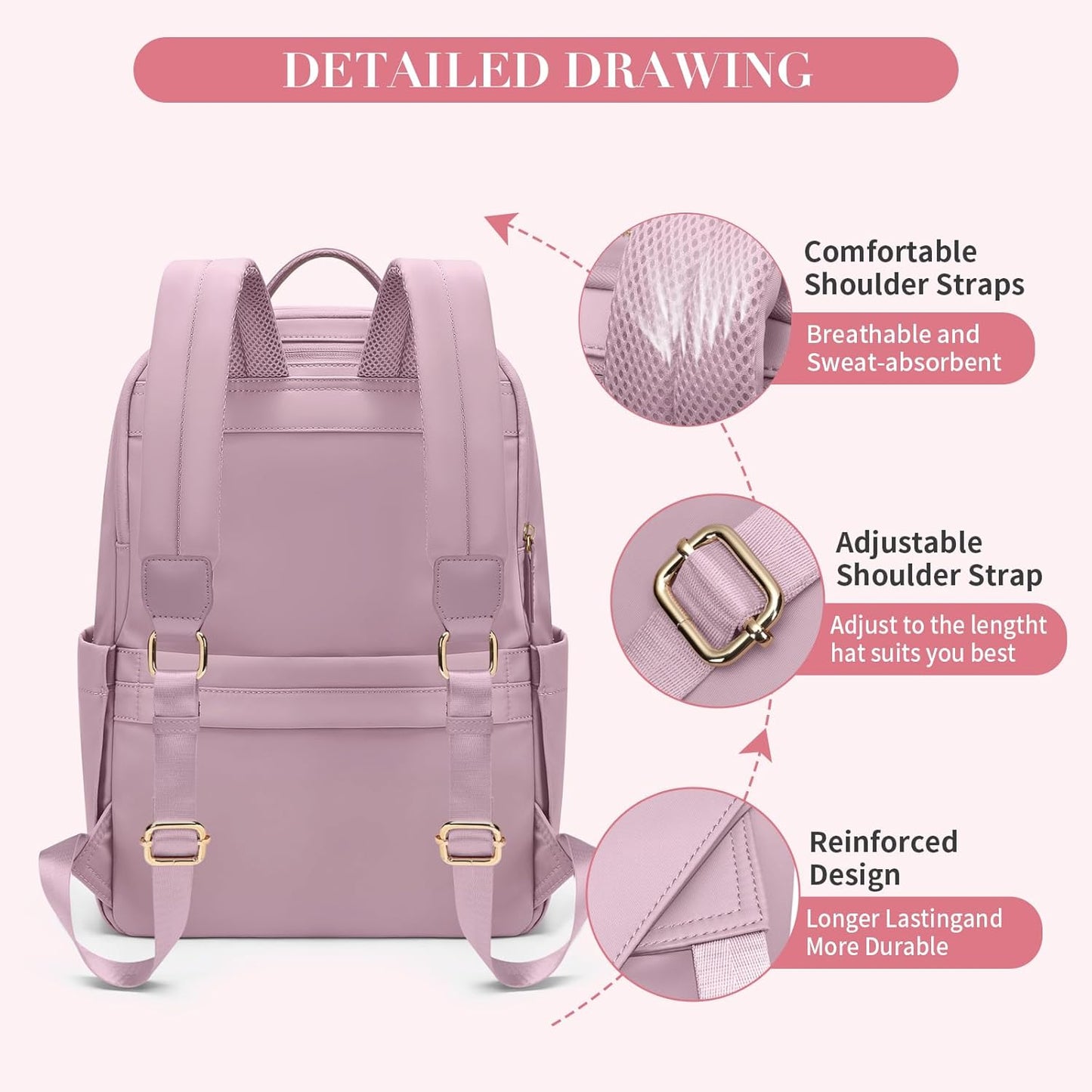 GOLF SUPAGS Women Laptop Backpack Casual Daypack for Work Travel College Backpack Purse Fits 14 Inch Notebook (Pinkish Purple)