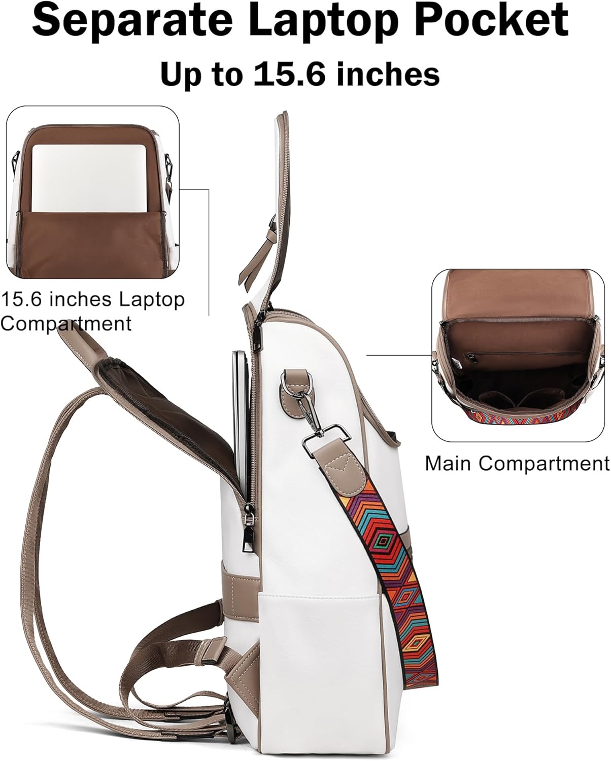 FADEON Laptop Backpack for Women Leather Travel Backpack with Laptop Compartment, Designer Ladies Computer Backpacks White