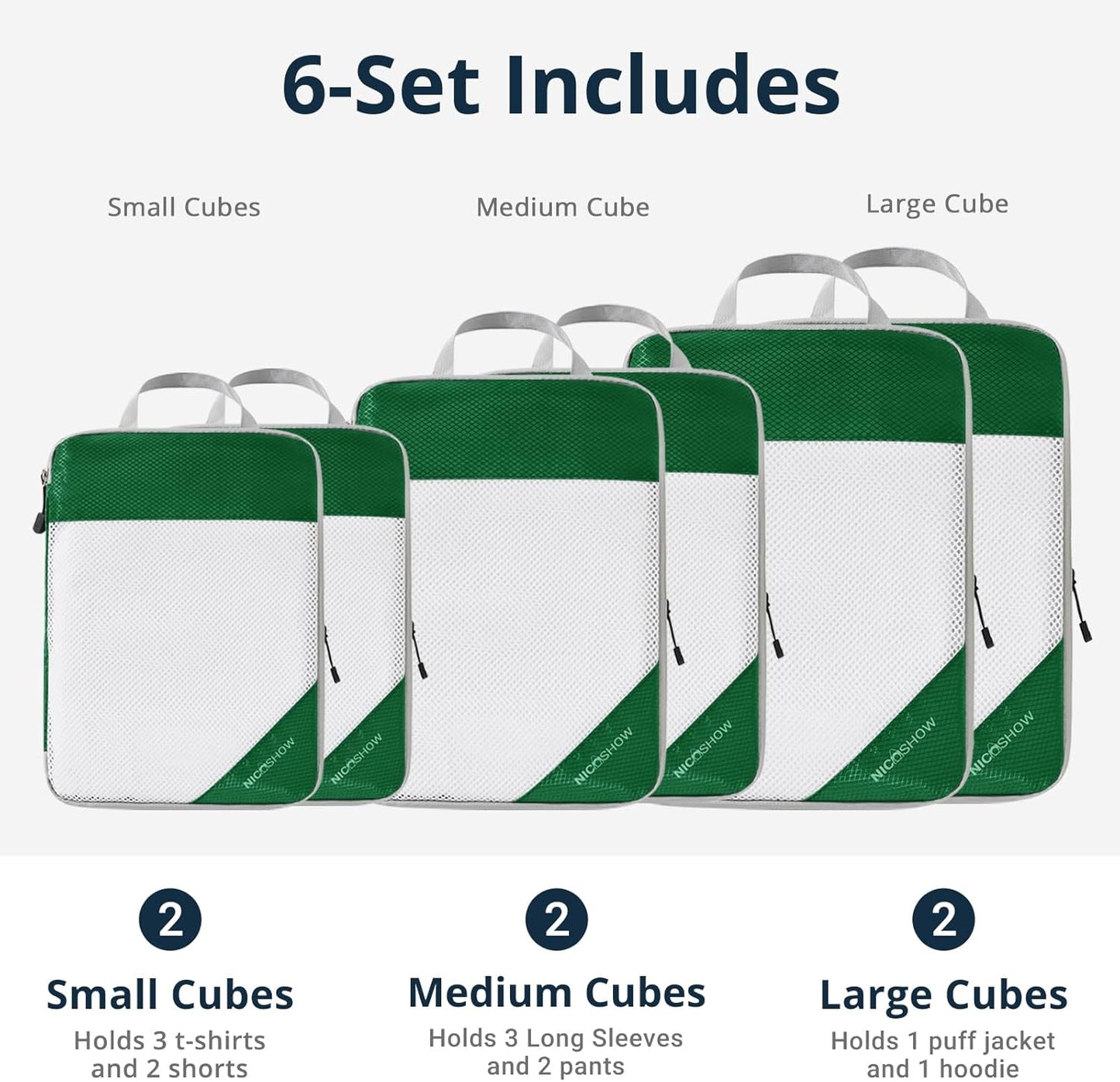 Compression Packing Cubes 6 Set, Compressible Space-Saving Packing Cubes for Travel - Compression Bags, Luggage Organizer, Travel Essentials for Women, Dark Green
