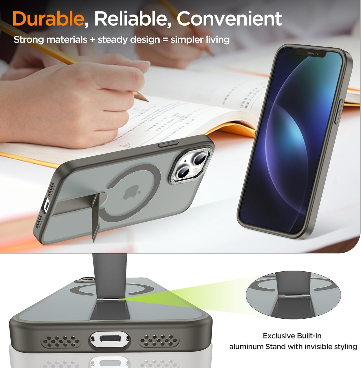 for iPhone 13 Case with Kickstand, [Invisible Stand] Compatible with MagSafe, Anti-Slip Shockproof Military-Grade Protection, Magnetic Slim Translucent Phone Case for iPhone 13 Cover (Gray)