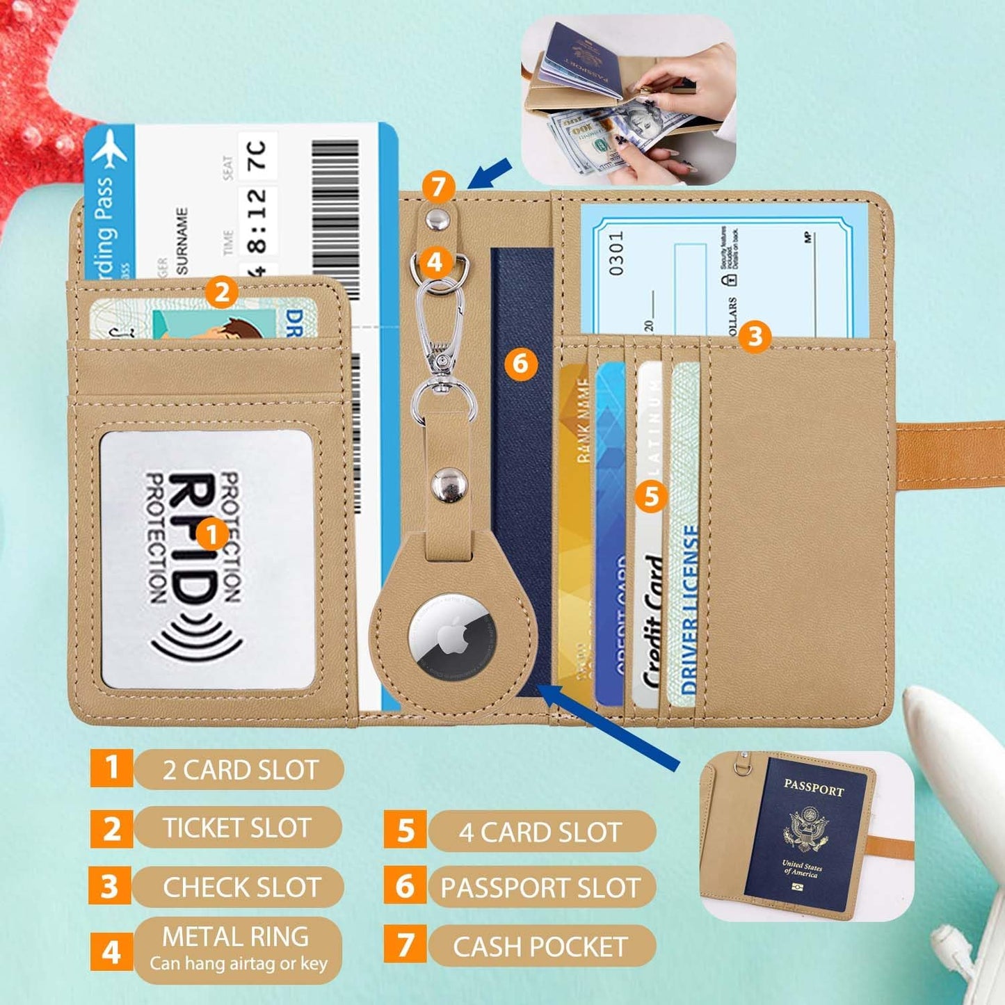 Passport Holder with Airtag for Women/Men,Airtag Passport Wallet for Travel,Cute Passport Holder Rfid Blocking,Travel Wallet for Cards Passport Cover Case (khaki)