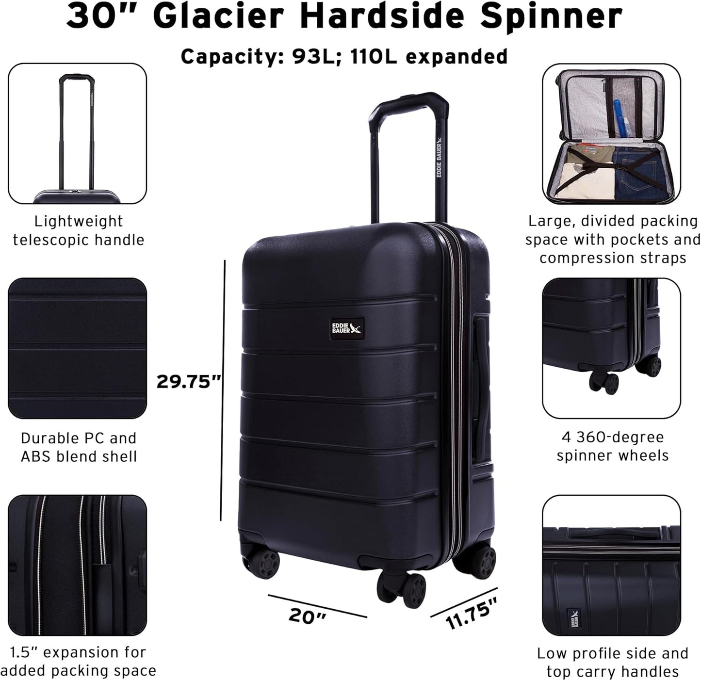 Eddie Bauer Glacier Carry-On 22" Luggage | Hardside | Spinner Wheels | Expandable | Lightweight | Travel Essentials - Storm Blue