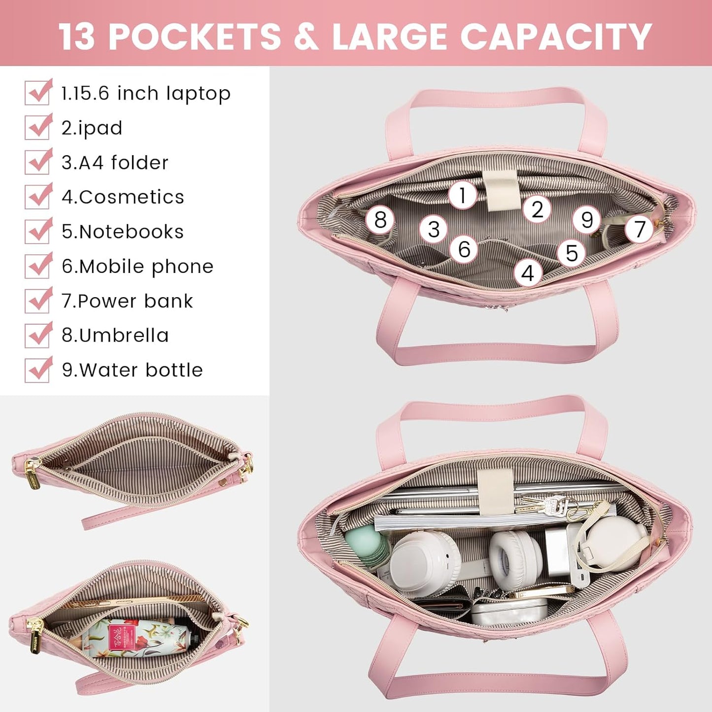LOVEVOOK Laptop Bag for Women 15.6 inch,Diamond Quilted Work Womens Laptops Tote Bag Computer Shoulder Bags,Stylish Travel Tote Bag Laptop Purse Case Briefcase Handbag with Clutch Purse,Pink