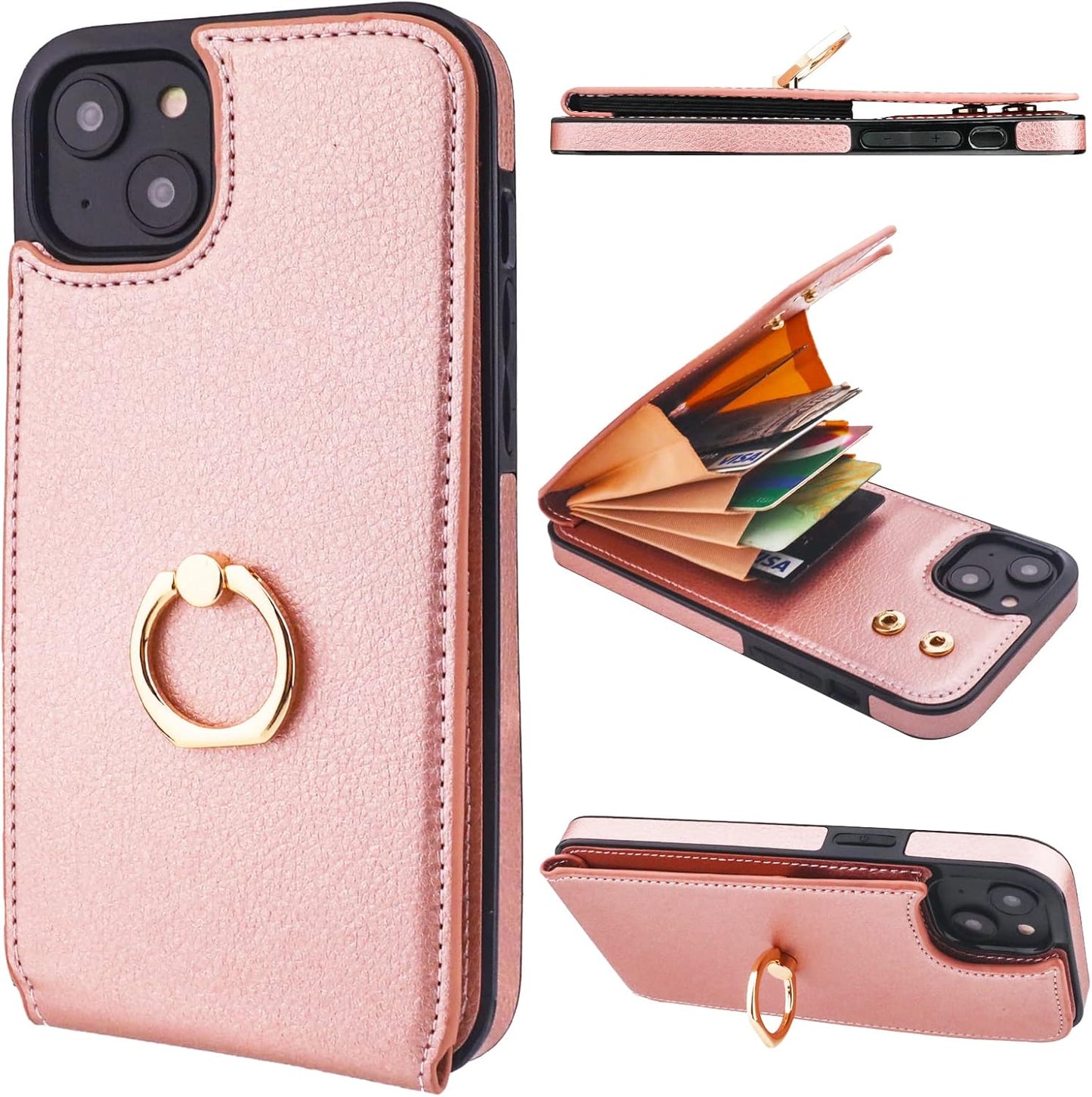 Folosu Compatible with iPhone 14 Plus Case Wallet with Card Holder, 360°Rotation Finger Ring Holder Kickstand, RFID Blocking Leather Protective Double Buttons Shockproof Cover 6.7 Inch Rose Gold