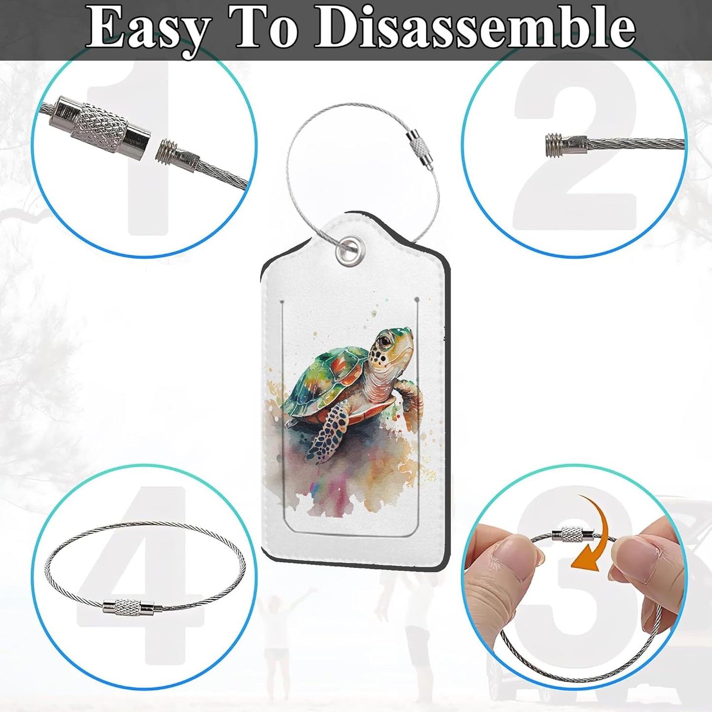 Set of 2 Luggage Tags for Suitcases, Leather Watercolor Sea Turtle Baggage Tags with Stainless Steel Loop, Privacy Name ID Card Cover Travel Labels for Women Men Kids Girls