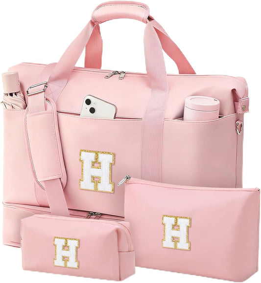 Personalized Initial Travel Duffle Bag for Women, Dance Bags with Foldable Shoe Compartment, Carry-On Weekender Duffel, Gifts for Teenage Girls, Water Resistant, Pink Letter H