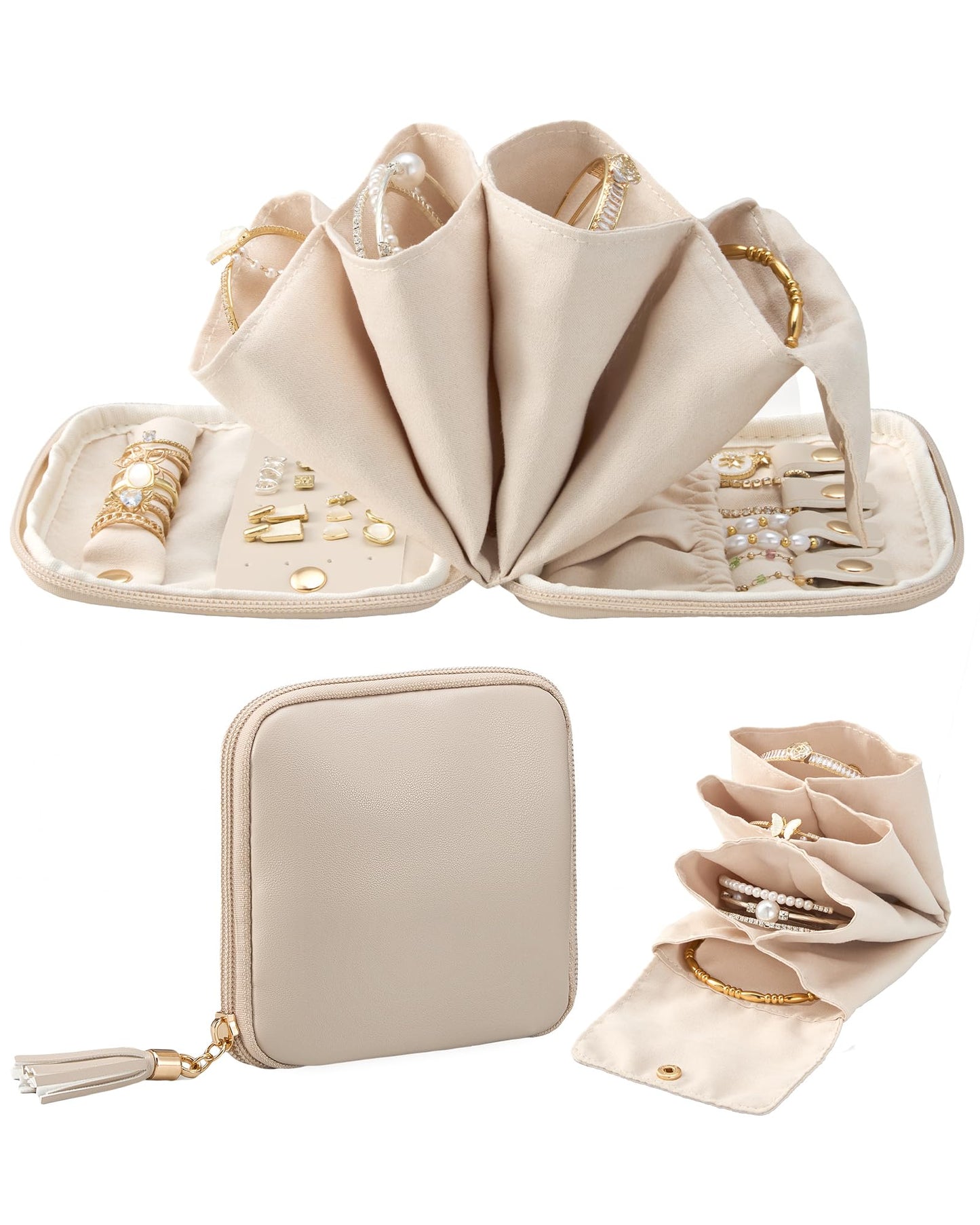 Lolalet Travel Jewelry Case Organizer, Small Soft Jewellery Pouch -Oatmeal