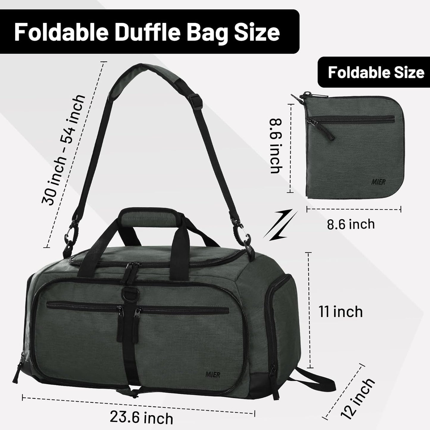 MIER Foldable Duffle Bag with Shoe Compartment 50L Travel Duffel Bags for Men Women Packable Overnight Bag for Camping Gym Weekender, Green Gray