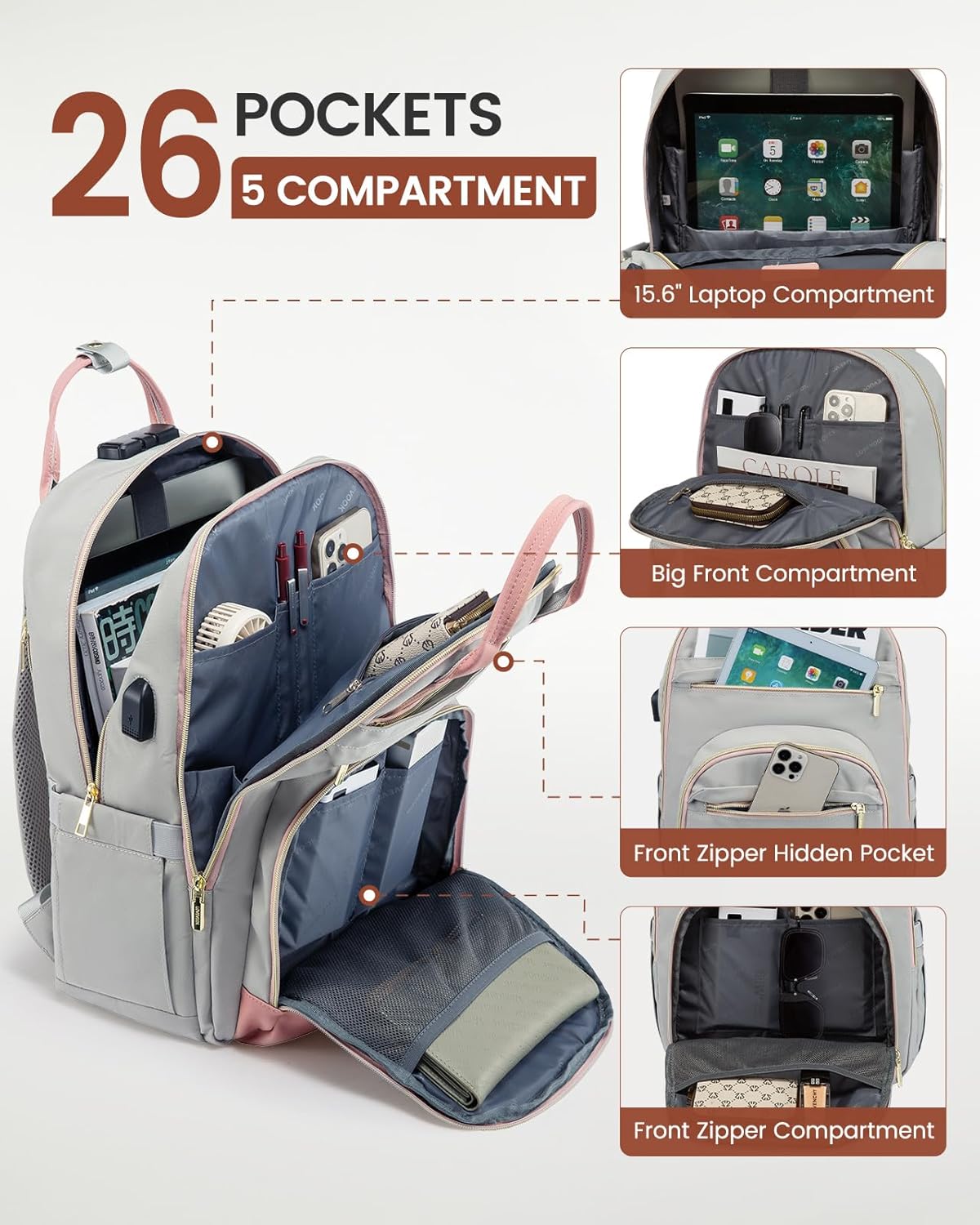 LOVEVOOK Laptop Backpack for Women, Large Capacity Travel Anti-Theft Bag Business Work Computer Backpacks Purse, Casual Hiking Daypack, 15.6 Inch, Light Grey-Pink