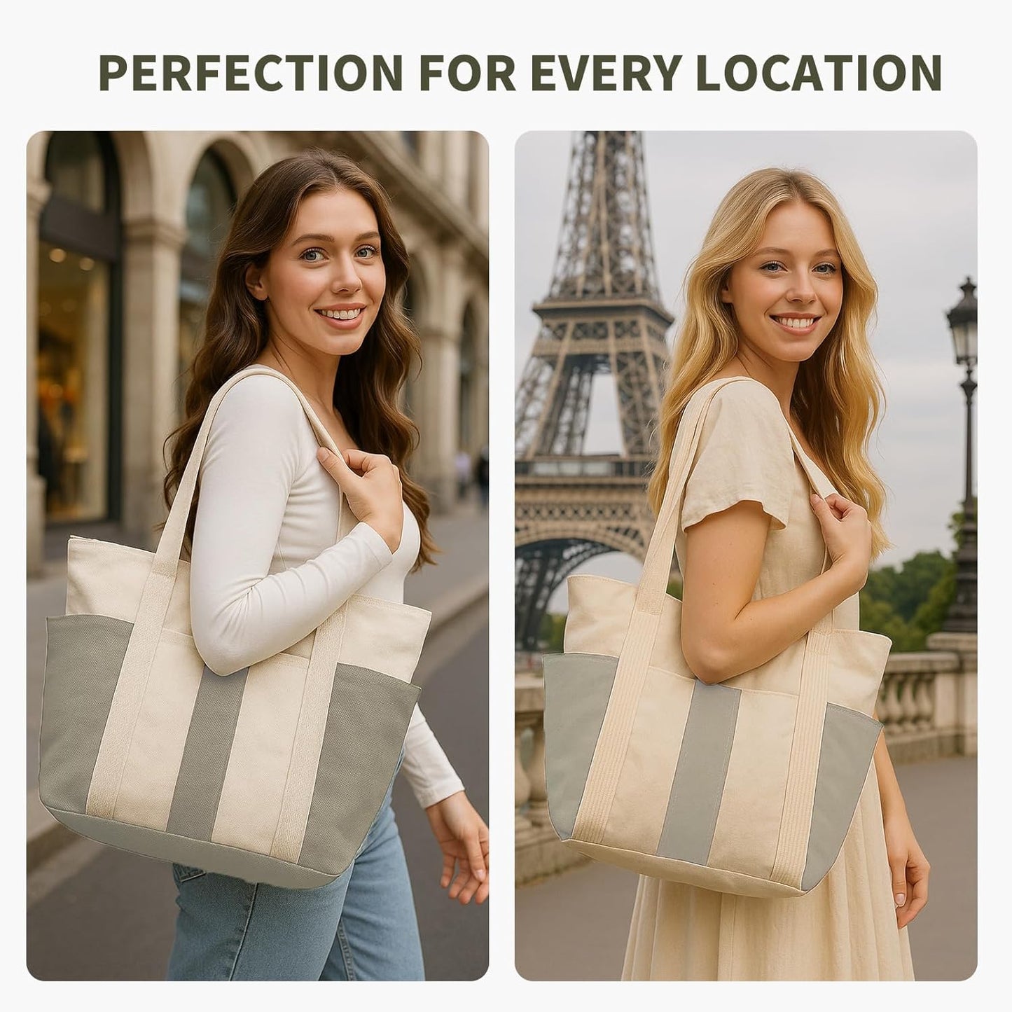 Large Canvas Tote Bag,White and Green, with Laptop Sleeve and Multiple Pockets