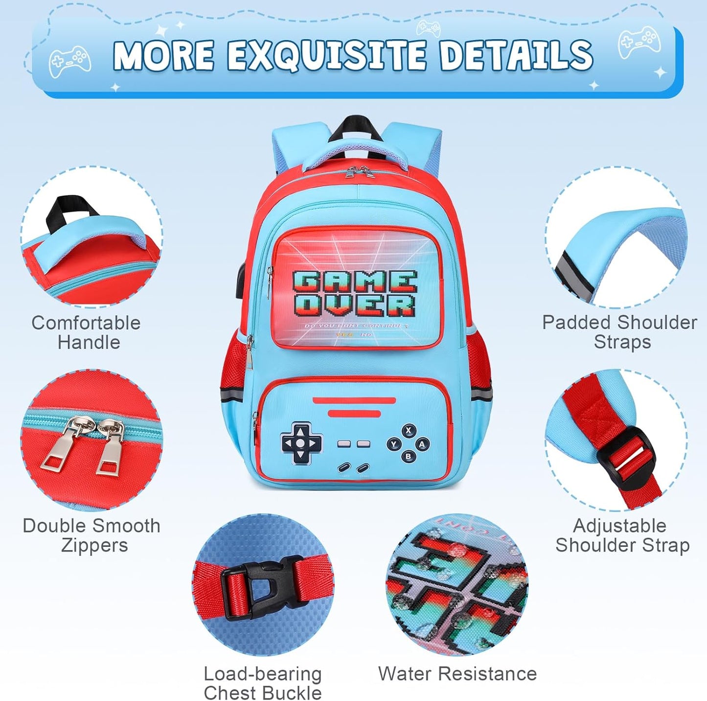 Gamer Backpack for Boys - Cool Luminous School Bag with Lunch Bag Pencil Case - Kids Backpack Elementary Middle School Book Bags for Teen Boys with USB Charging Port (Blue Red)