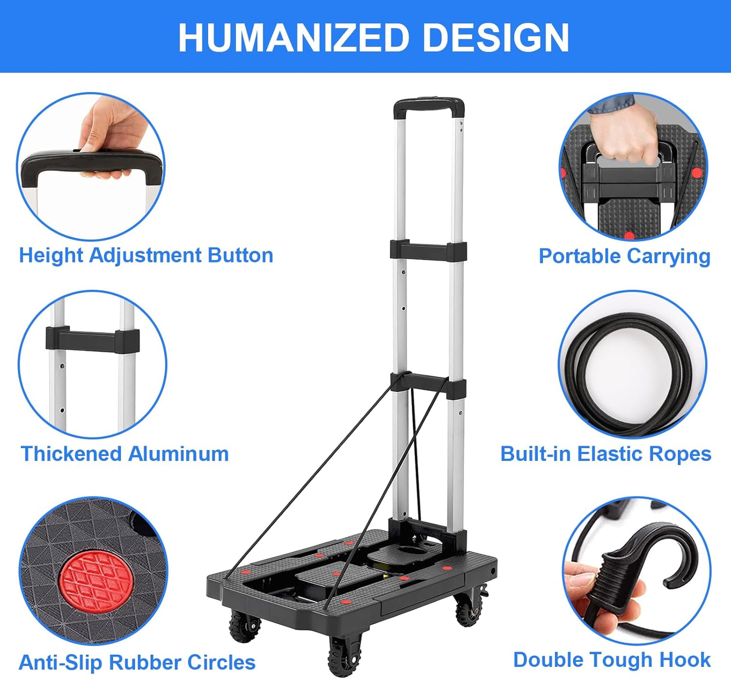 Folding Hand Truck, 330 Lbs Foldable Hand Truck Dolly Cart Heavy Duty Collapsible Trolley Portable Platform Luggage Cart with 5 Wheels & 2 Elastic Ropes for Moving Travel Home Office