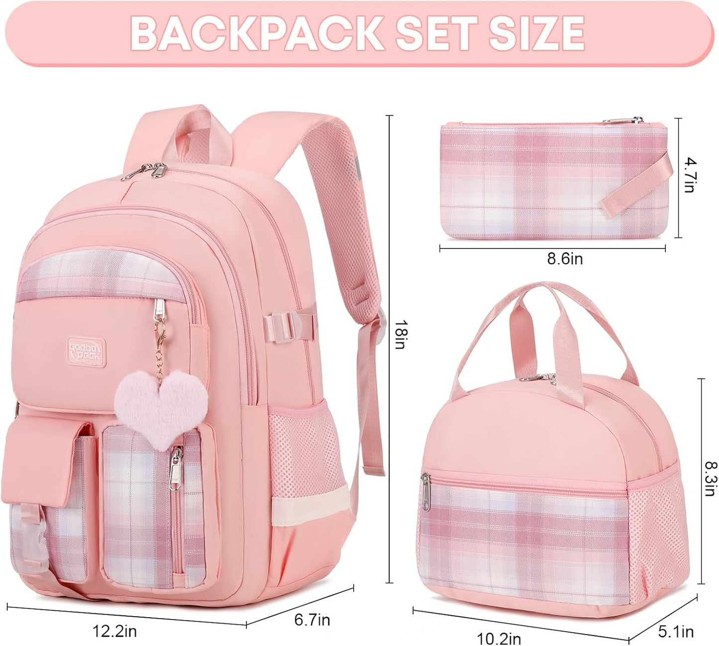 3PCS Backpack For School Women College Middle High Teen Girls Student Bookbag Waterproof Laptop Bag Plaid Pink