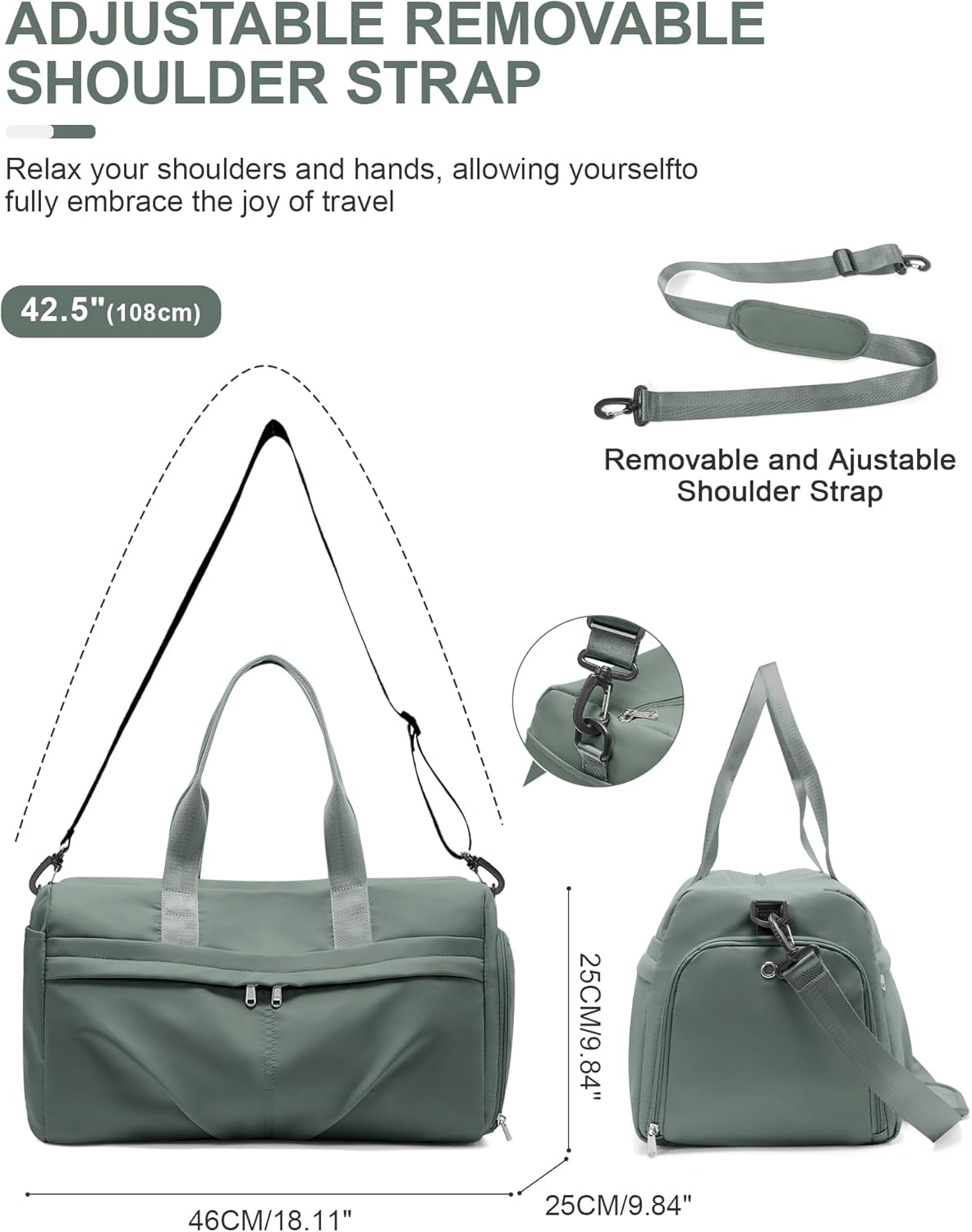 Gym Bag for Women Men, Sport Duffel Bag with Toiletry Bag & Shoe Compartment,Waterproof Travel Weekender Overnight Carry on Bag for Yoga with Trolley Sleeve, Green Set