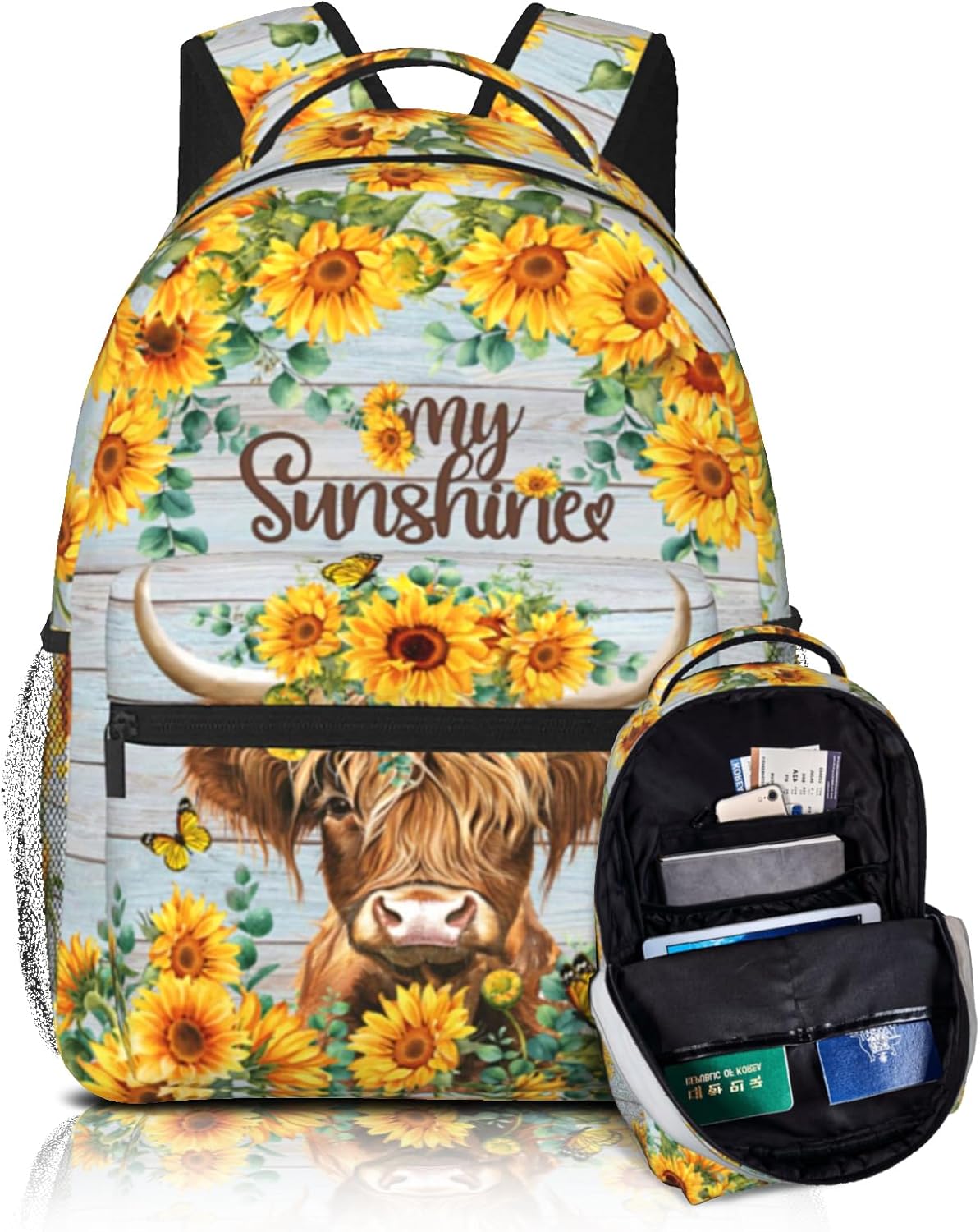 Highland Cow Backpack for Teen Girls Women Sunflower Print Backpack for Kids Lightweight Bookbag for Elementary Preschool Bookbags