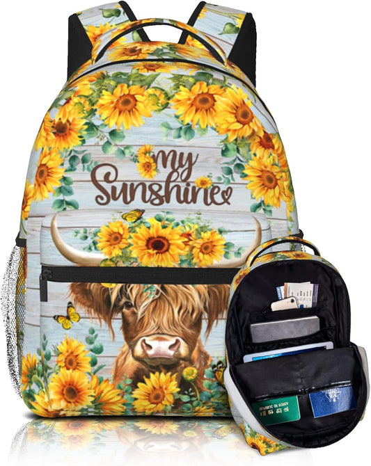 Highland Cow Backpack for Teen Girls Women Sunflower Print Backpack for Kids Lightweight Bookbag for Elementary Preschool Bookbags