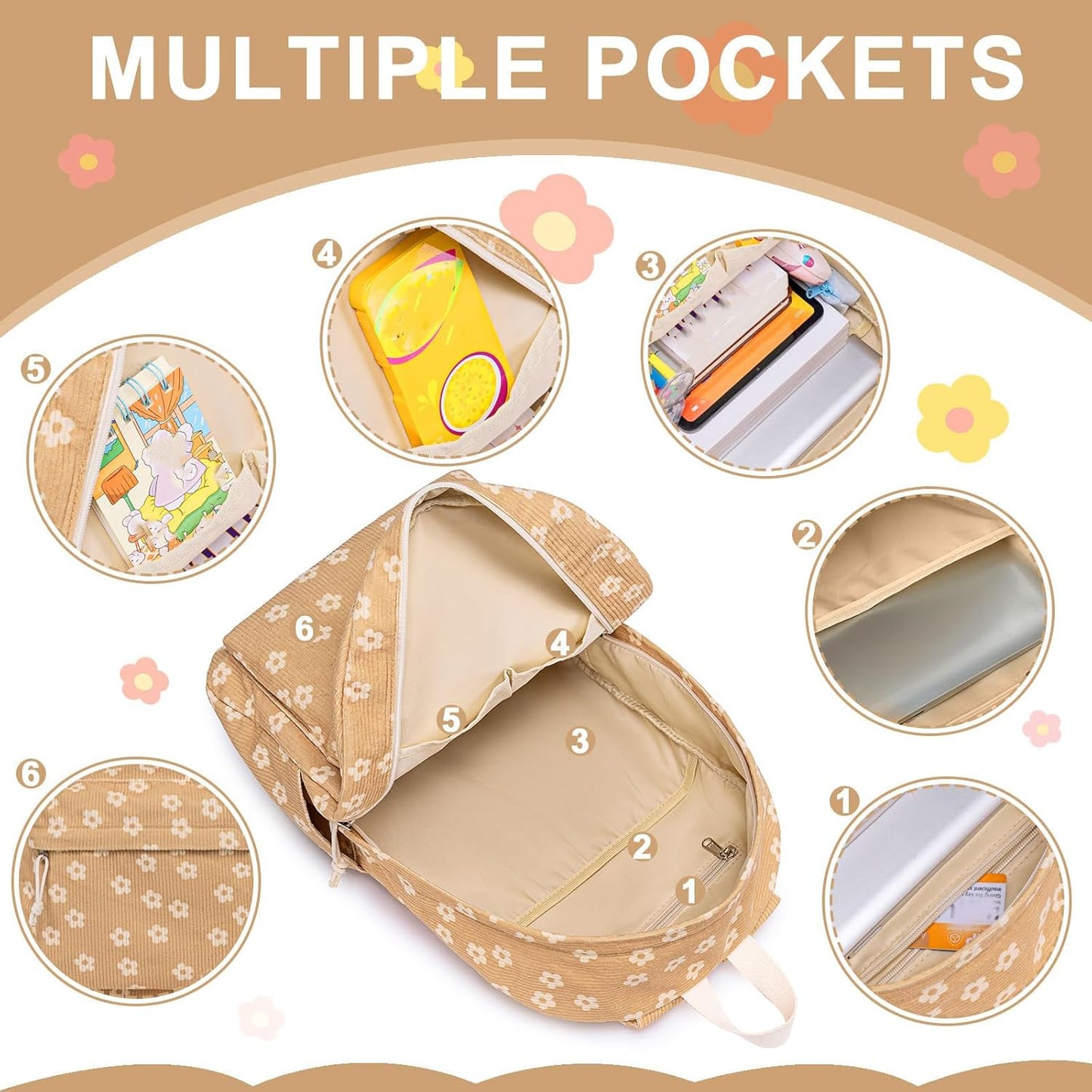 School Backpack for Teen Girls Bookbags Elementary High School Corduroy Laptop Bags Women Travel Daypacks