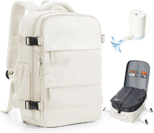 Vacuum Backpack Travel with Pump,Travel Backpack with Vacuum System, Shoe Compartment,United Airlines Personal Item Bag 17x10x9,Mochila compresion al vacio,Beige