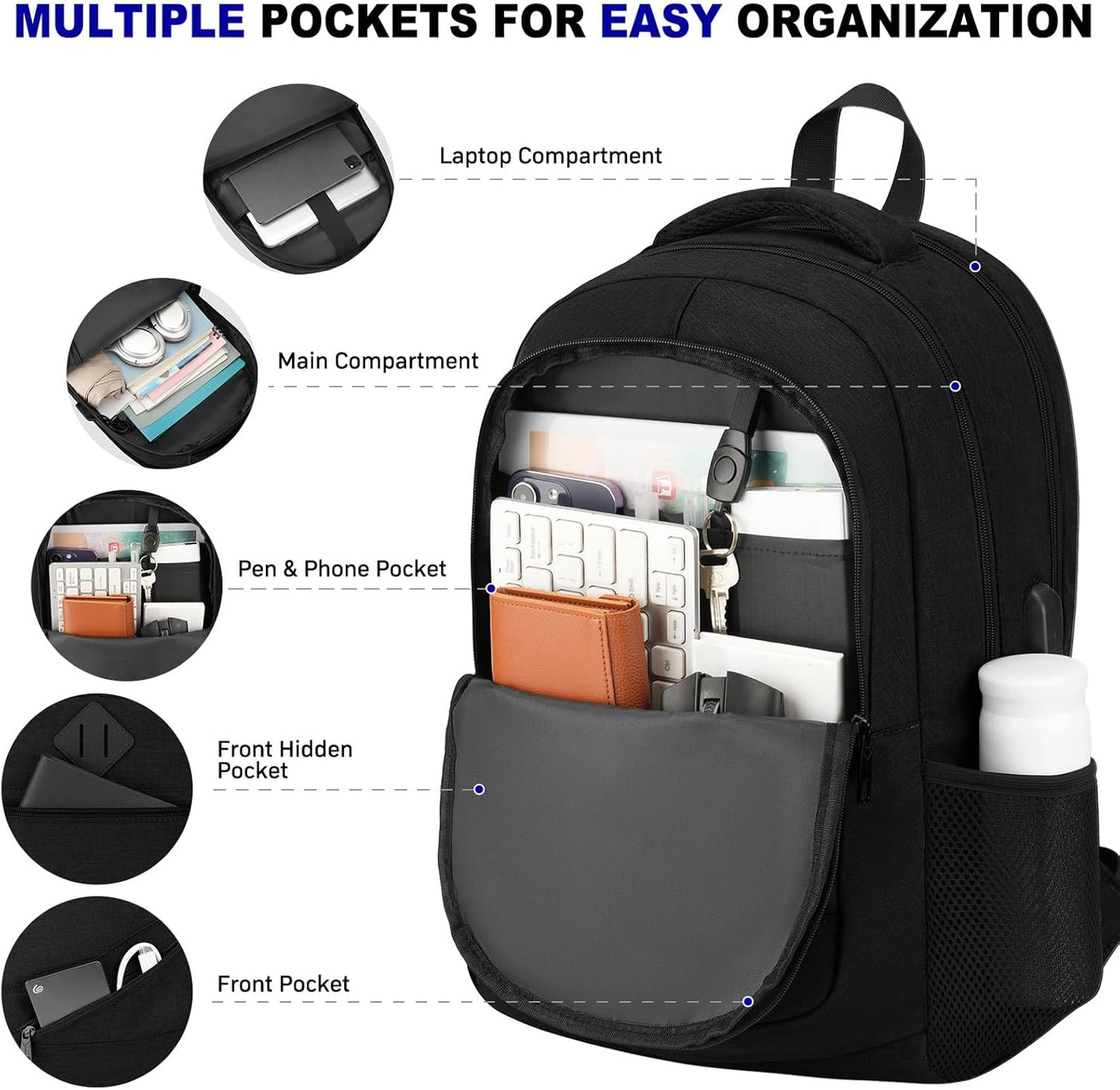 School Laptop Backpack for Women Men: 15.6 Inch College High School Backpacks with USB Charging Port Waterproof Travel Back Pack with Anti-theft Pockets Casual Work Daypack for Boys Students (Black)