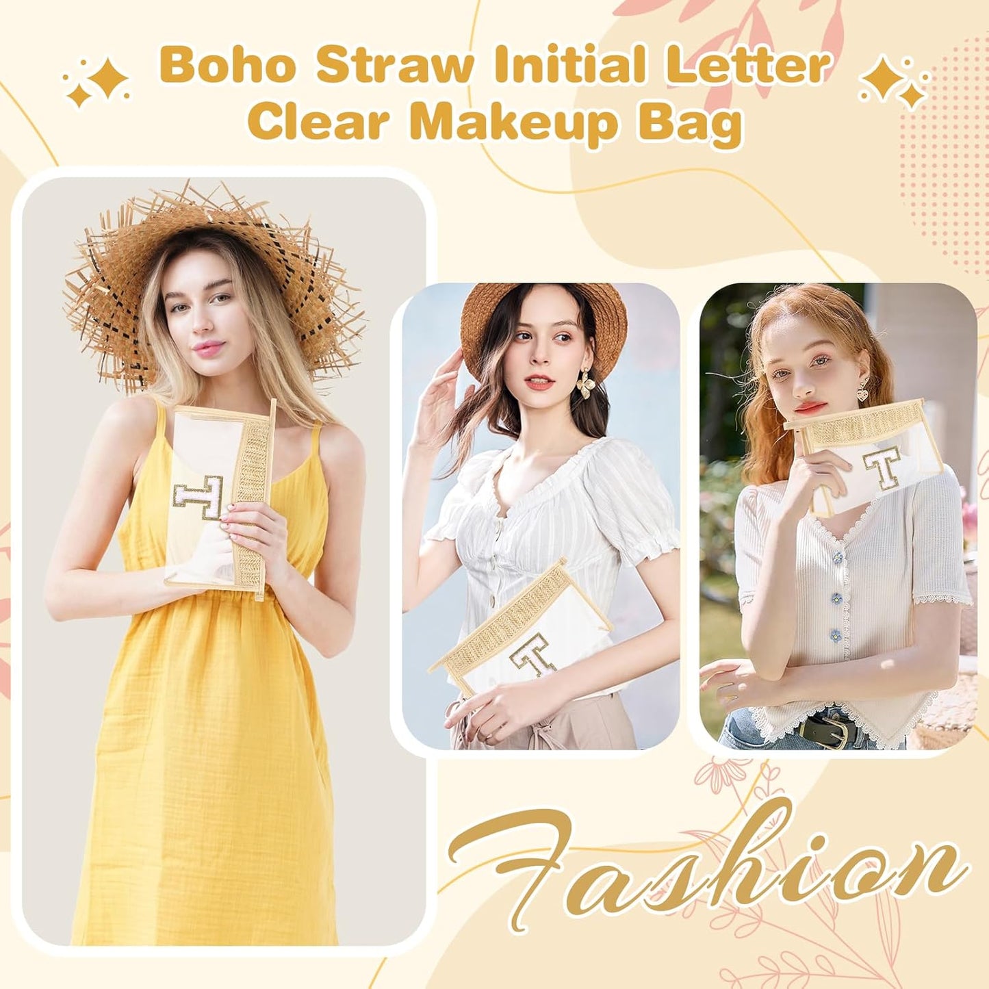 Personalized Initial Letter Bag Boho Straw Clear Makeup Bag,Small Cute Chenille Varsity Letter Bag With Zipper,Beach Travel Toiletry Bag,Portable Monogrammed Cosmetic Bag for Women Girls,T