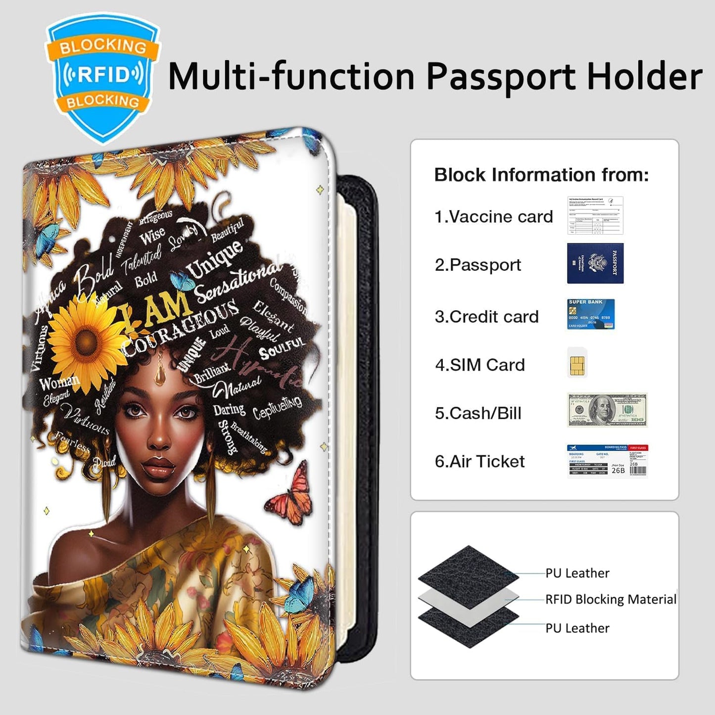 Passport Holder Women Wallet with Luggage Tag, Leather Passport Cover with RFID Blocking, Travel Accessories Multi Card Slot Passport Case for Men，African American Women Sunflower Butterfly