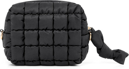 Yarnic Quilted Makeup Bag Cosmetic Bag, Travel Toiletry Bag for Women, Cute Makeup Bag Organizer Puffer Makeup Pouch (S, Black)