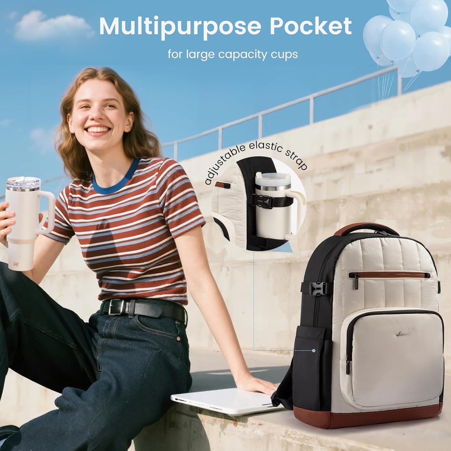 LOVEVOOK Laptop Backpack Women with Pouch Pocket for Large Capacity Cup,17 Inch Lightweight Puffer Computer Laptop Bag Travel Backpack Purse for Work College Teacher Personal Item,Black-White-Brown