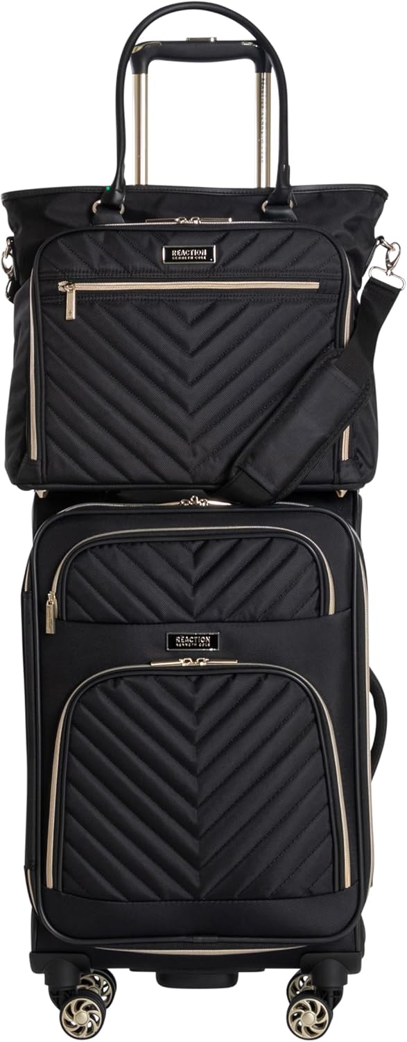 Kenneth Cole REACTION Chelsea 2-Piece Bundle - 20" Chevron Expandable 8-Wheel Carry-On Suitcase & Matching 15" Laptop Tote Bag, Black