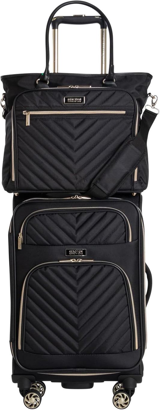 Kenneth Cole REACTION Chelsea 2-Piece Bundle - 20" Chevron Expandable 8-Wheel Carry-On Suitcase & Matching 15" Laptop Tote Bag, Black