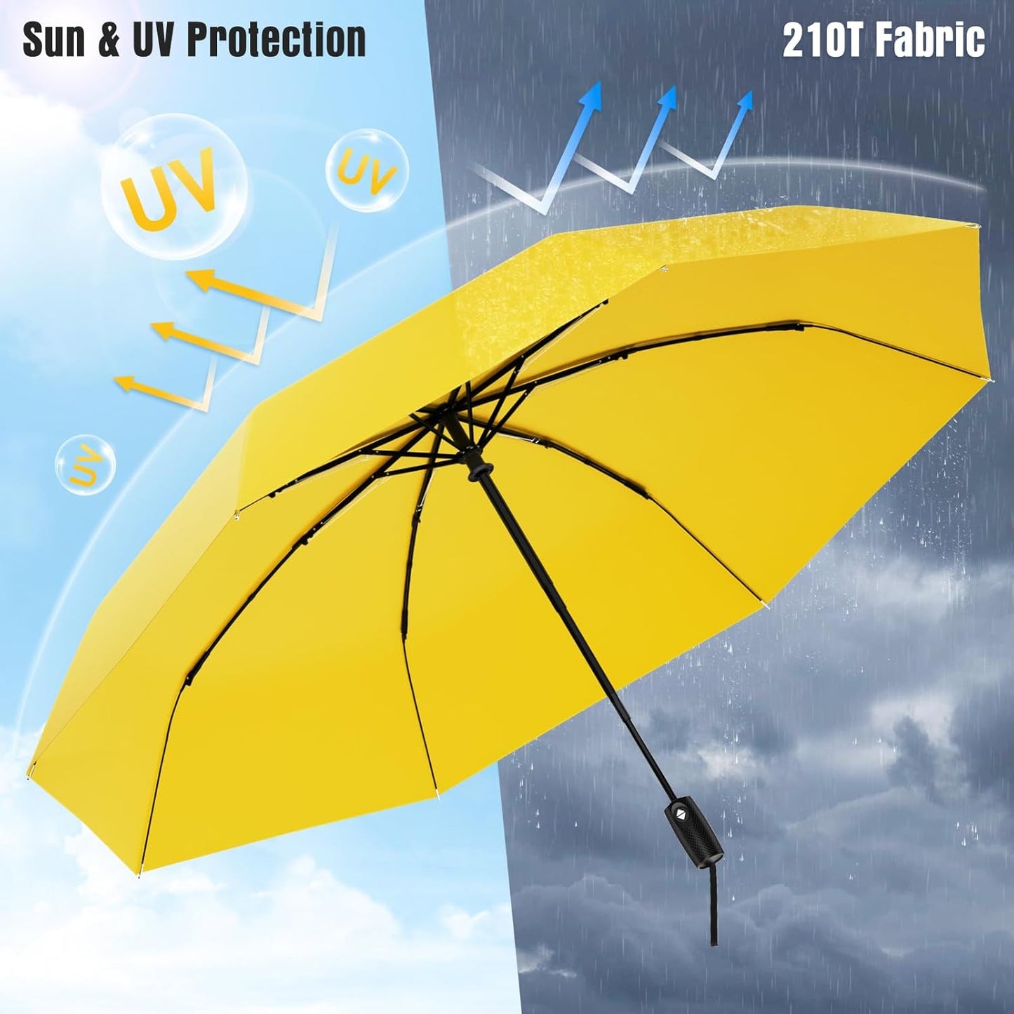 Windproof Travel Umbrella, Compact Umbrella, Car Umbrellas for Rain & Sun, 8 Fiberglass Ribs for Strong UV & Wind Resistance, Portable, Lightweight, Vent, Easy Automatic Open/Close