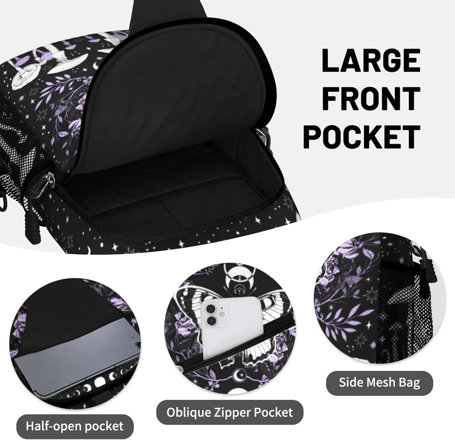 Black Gothic Butterfly Mushroom Sling Bag Crossbody Chest Bag for Women Men, Water Resistant Lightweight Casual Crossbody Bag with Adjustable Strap, Travel Hiking Daypack Shoulder Backpack