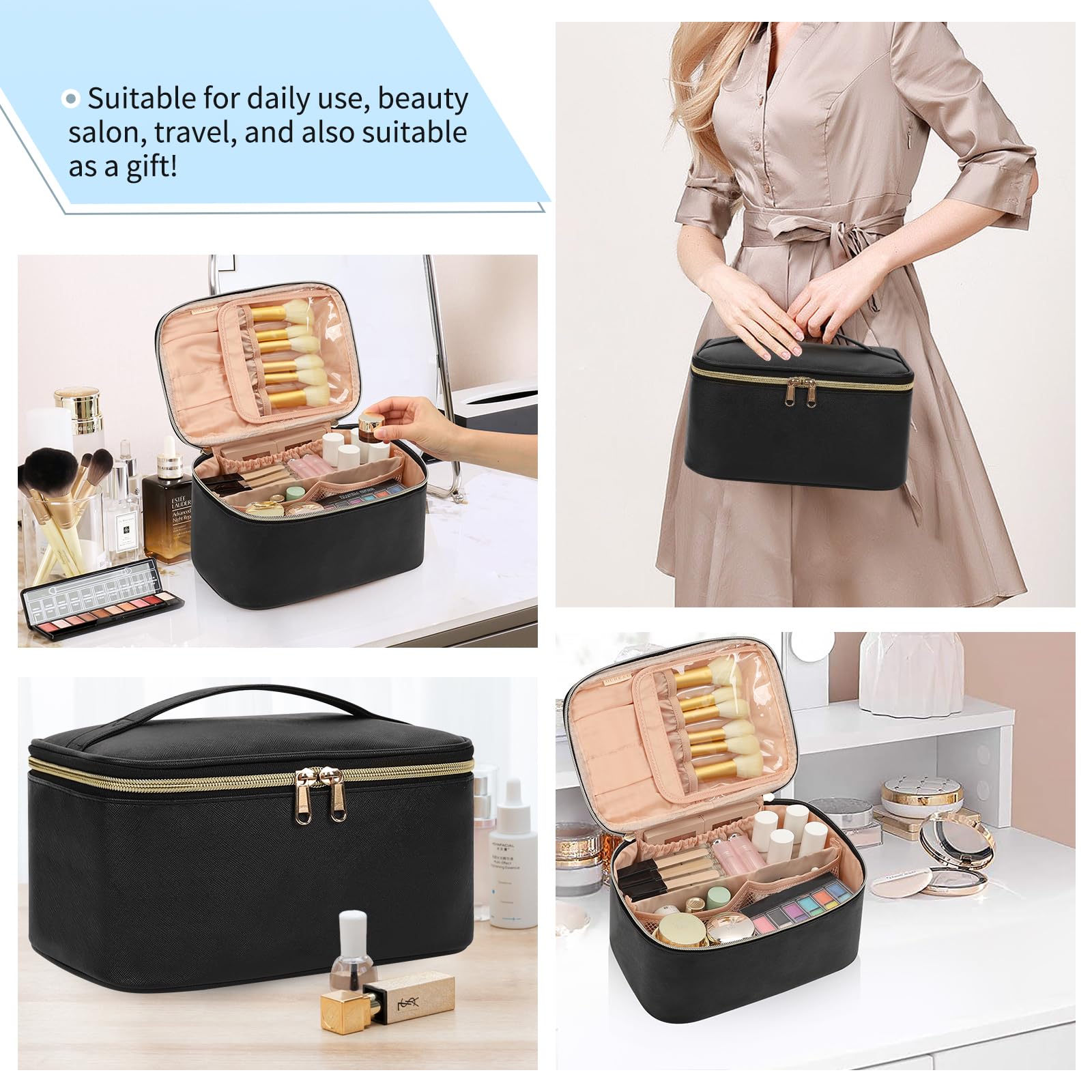 OCHEAL Makeup Bag, Portable Cosmetic Bag Black Make up Case Toiletry Bag