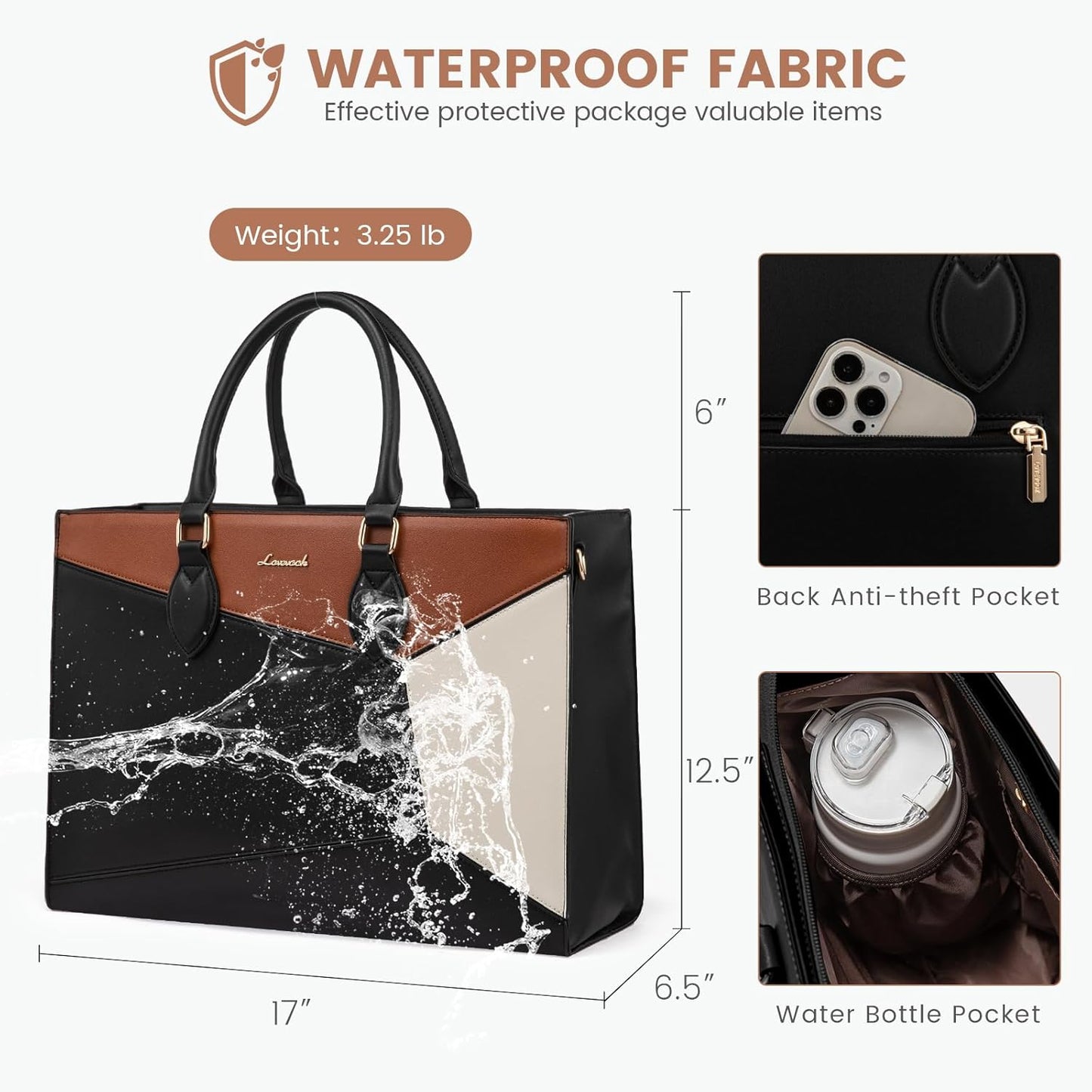 LOVEVOOK Laptop Bag for Women,17 lnch Waterproof Lightweight Leather Tote Bag,Professional Business Office Work Bags with Clutch Purse,Large Capacity Computer Shoulder Handbag,Black-White-Brown