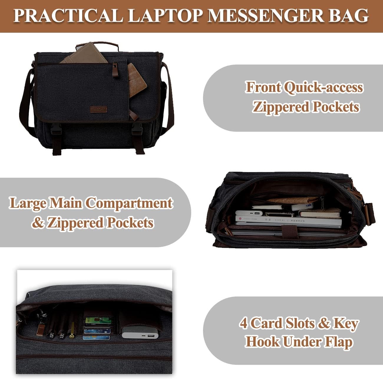 VASCHY Messenger Bag for Men,Canvas Briefcases 15.6in Laptop Bag Crossbody Satchel Computer Bags for Work Office Women