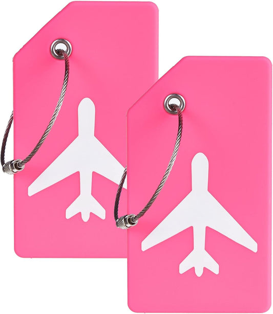 Gostwo 2 Pack Silicone Luggage Tags for Suitcases, 26 Initial Letter Baggage Labels Handbag School Bag Suitcase Instrument Tag with Stainless Steel Loop(Rose Hermosa)(Airplane)