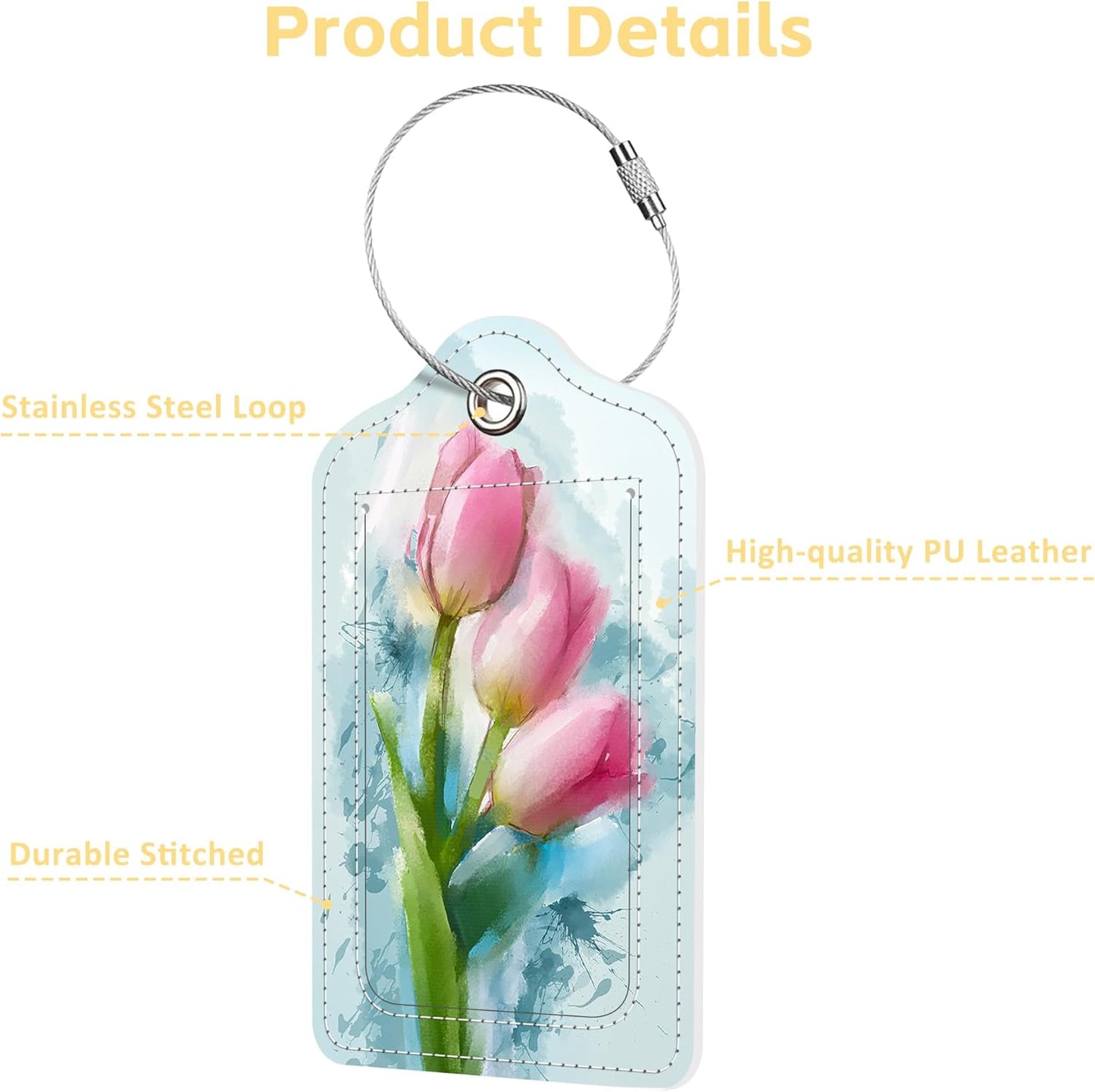 Set of 2 Luggage Tags Watercolor Tulips Flowers Leather Suitcases Tag with Privacy Cover Stainless Steel Loop and Address Card for Women Men Travel