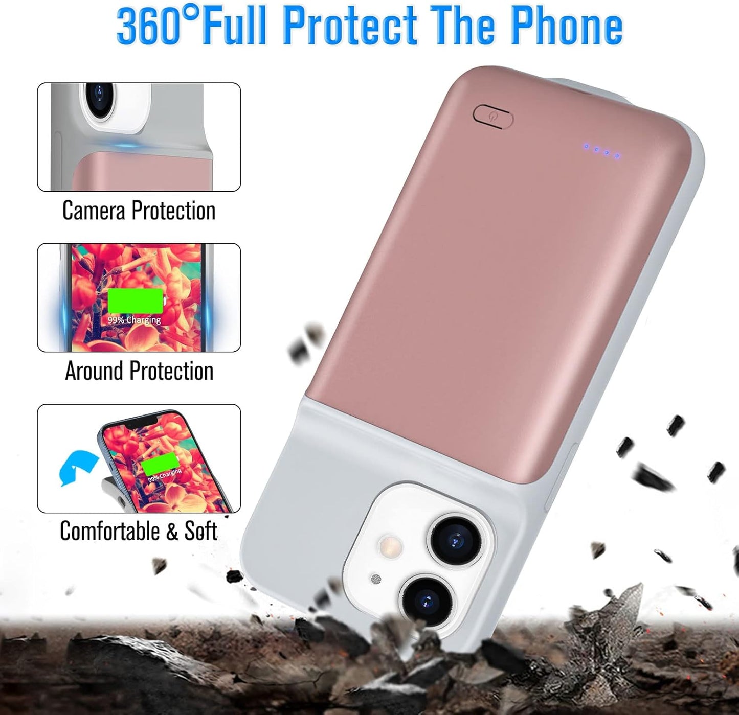Gladgogo Battery Case for iPhone 12/12 Pro, Powerful 7000mAh External Smart Charging Case Portable Ultra Slim Rechargeable Battery Pack for iPhone 12/12 Pro, 6.1 inch, Pink