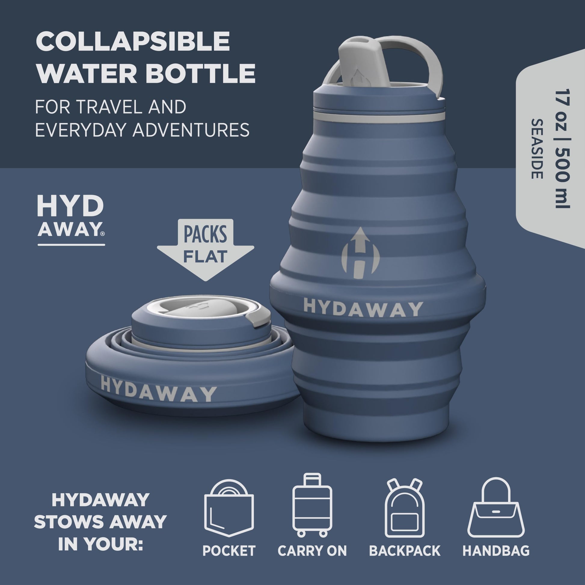 HYDAWAY 17oz Collapsible Water Bottle, Packable Leakproof for Travel